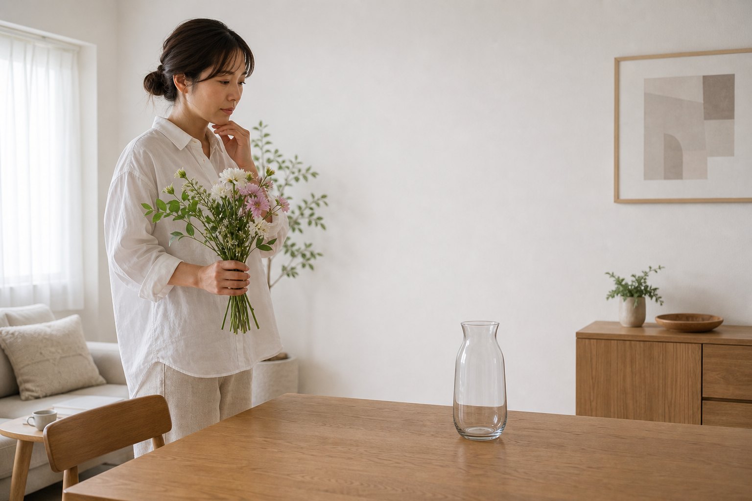 ガラスフラワーベースの小さな違和感を想起する生成AIイメージ