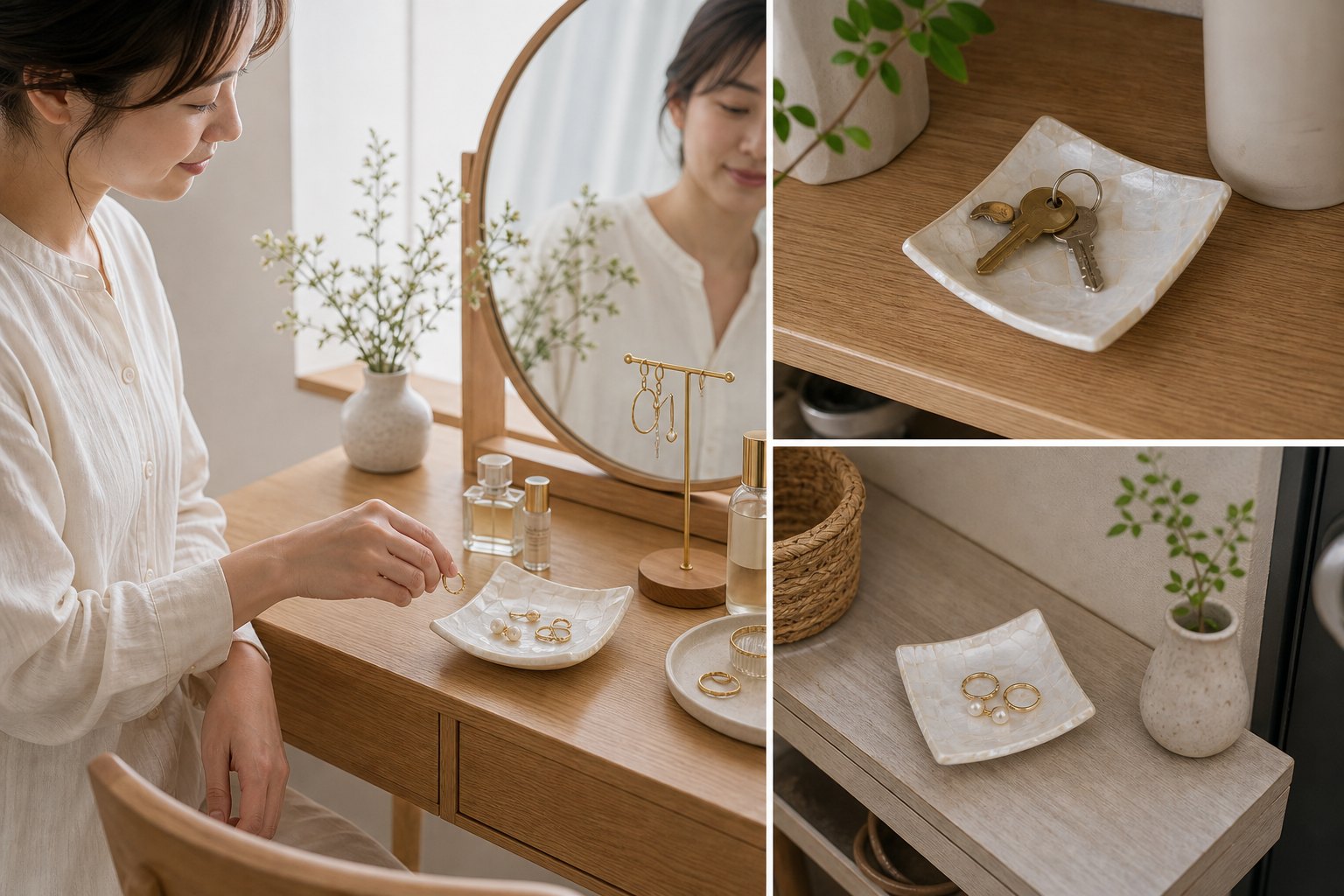パール調アクセサリートレイの暮らしに効く理由を想起する生成AIイメージ