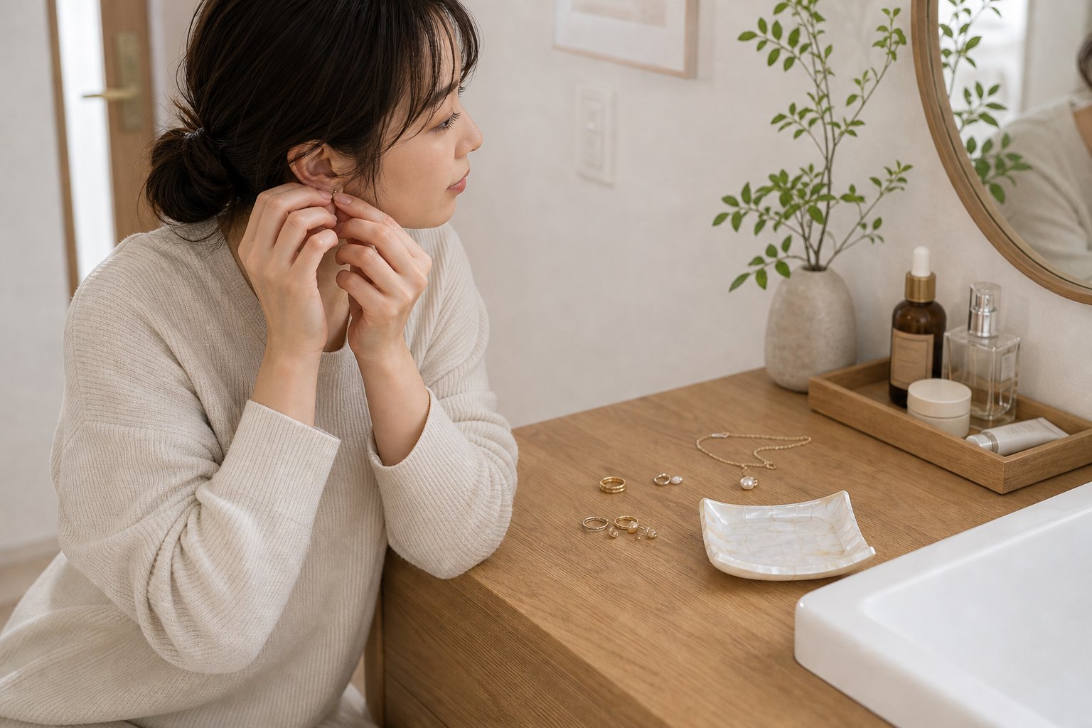 パール調アクセサリートレイの小さな違和感を想起する生成AIイメージ