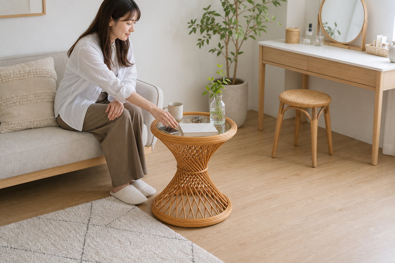 ラタン調サイドテーブルの暮らしに効く理由を想起する生成AIイメージ